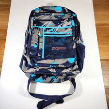 JanSport Backpack Large 18x13x8 Student School Tech Blue Paint Splatter NWOT