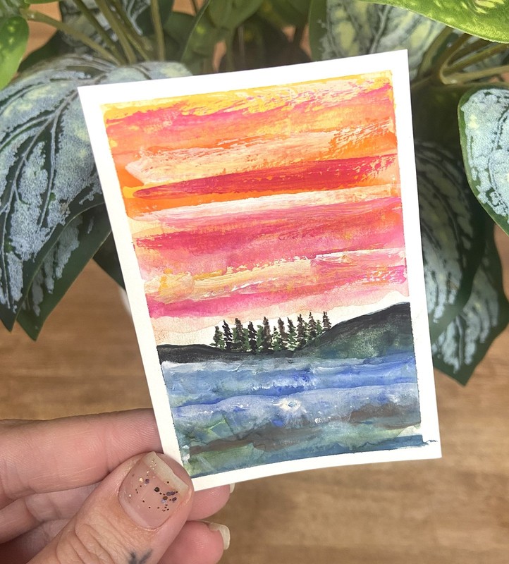 ACEO Original Art Miniature Card river landscape Gouache  -Andrea baker
