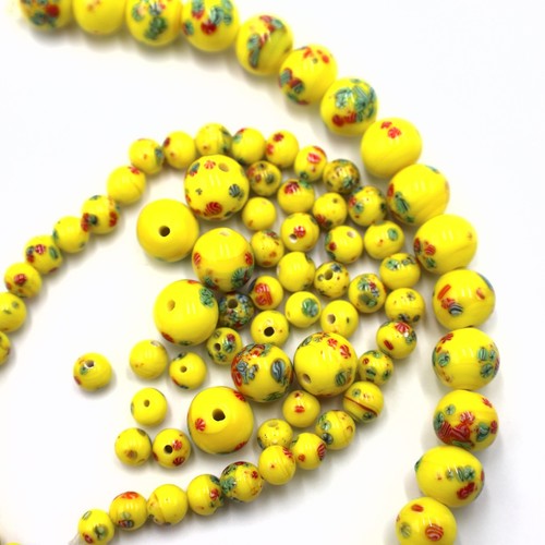 Vintage UV 1950's Yellow Round Japanese Flower Glass Beads (6mm/10mm) (YJG3)