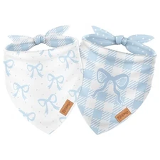 2Pcs Bow Dog Bandanas Cute Bow Triangle Birthday Pet Scarf Dot Gingham Blue