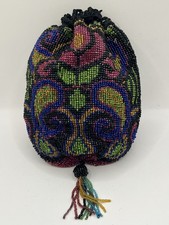 Art Deco 1920 s Flapper Micro Beaded Reticule Draw String Purse Bag Floral