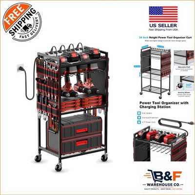 Multi-Functional Tool Organizer Cart with 8 AC Outlets & Expandable Design, Red
