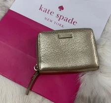 KATE SPADE NEW Gold Zip Around Small Pebbled Leather Wallet 4.5" X 3.5" $245