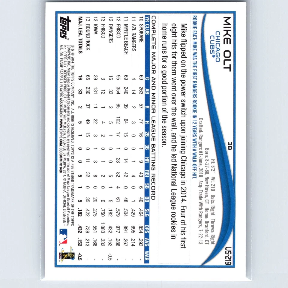 2014 Topps Update Series - Mike Olt #US-219 - Chicago Cubs - Image 2 of 2