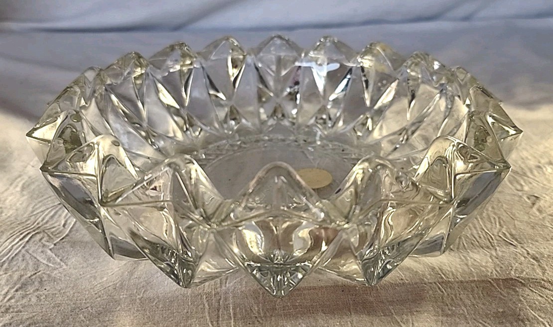Indonesia Crystal Glass Diamond Point Cut Bowl Ashtray Trinket Candle Dish