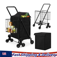Folding Shopping Cart with Double Baskets Heavy Duty Capacity Black