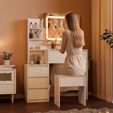 Vanity Desk LED Makeup Vanity Table Drawer Dressing Table Set Power Outlet White