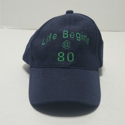 ''Life Begins @ 80'' Dark Blue Baseball Cap Hat Green Embroidery Wool Blend 