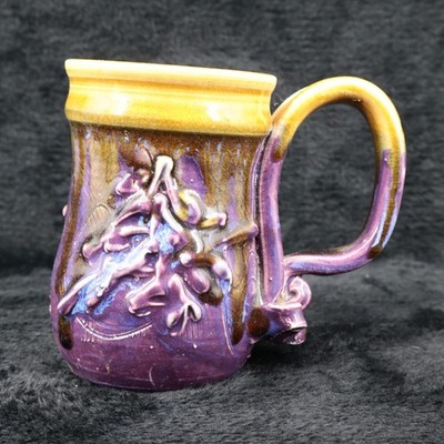 Vintage Handmade Studio Pottery Mug Purple Drip Glaze 4.5in