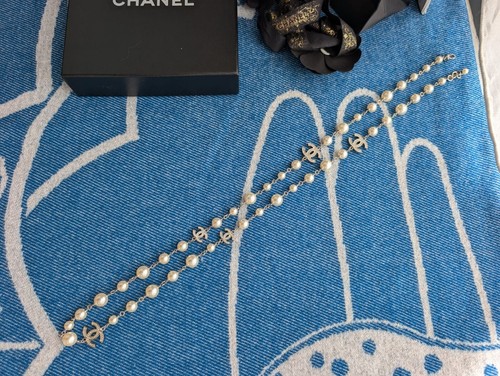 Authentic Chanel CC B15V Classic Crystal Logo Pearl Long Necklace Box Receipt - Picture 9 of 18