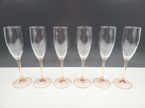 (6) Cristal D Arques Luminarc Rose Fluted Champagne Set Pink Stem Glasses France - Picture 6 of 12