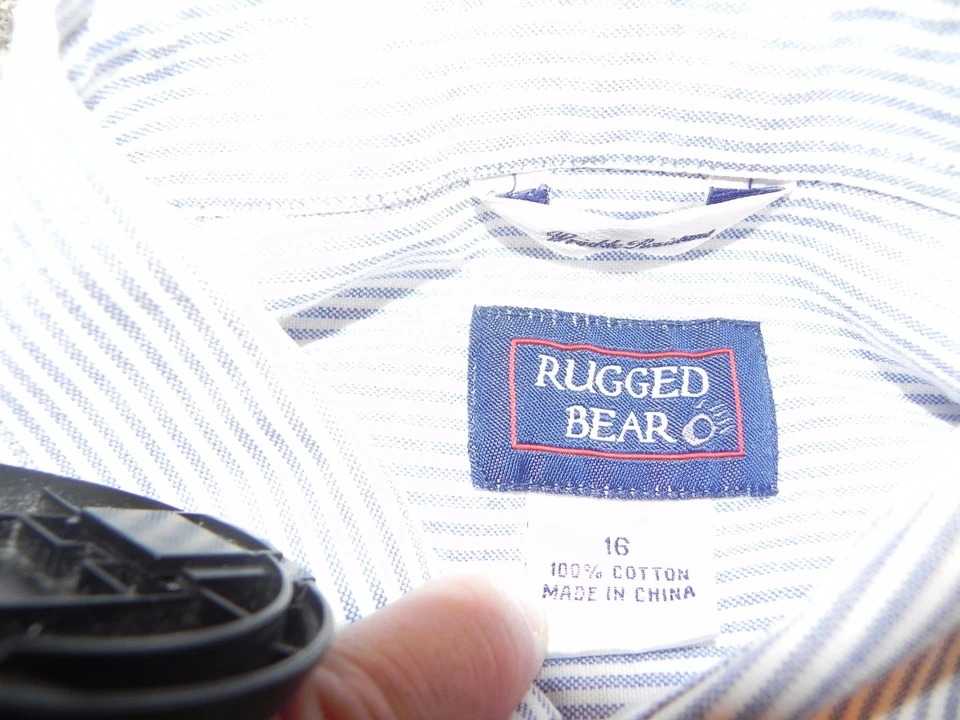 Camisa de tela Oxford de algodón con botones a rayas azules blancas XL 16 RUGGED BEAR para niños Foto 2 de 4