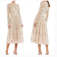 MAC DUGGAL 10799 BEADED ILLUSIONS HIGH NECK LONG SLEEVE A-LINE NUDE DRESS sz 10
