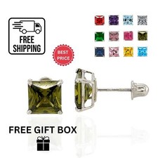 14K Solid White Gold Square Princess Cut CZ Birthstone Stud Earrings All Size