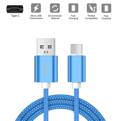 Monoprice USB-C To USB-A Charging Cable 6ft - Fast Charge & Sync, Nylon Braided Blue Cable For Phones & Devices