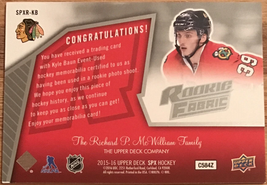2015-16 SPx ‘05-06 Retro Rookie Jerseys Kyle Baun SPXR-KB Chicago Blackhawks - Image 2 of 2