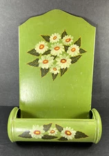METAL TOLE WARE Catch All Wall Mount Hand Painted Green Floral  Vintage