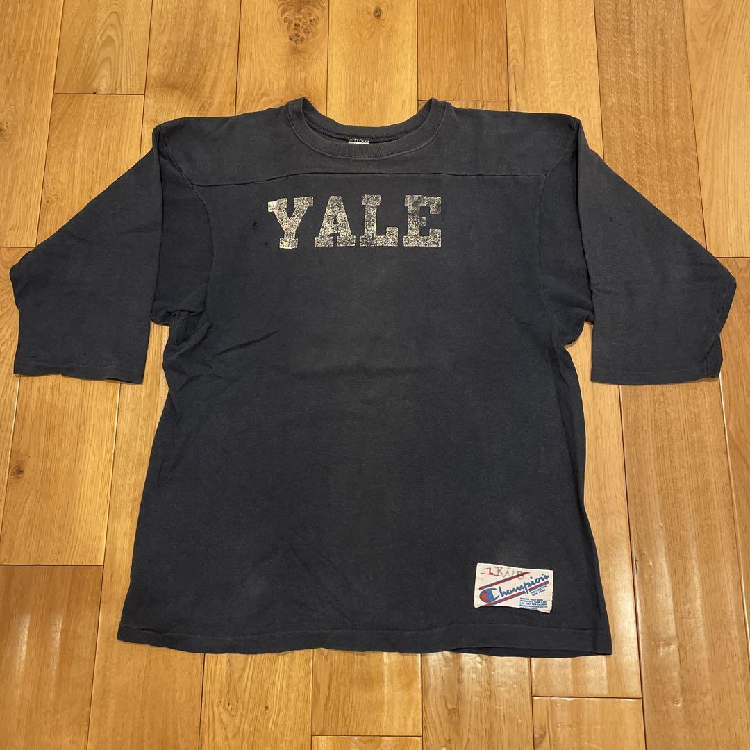 80s Champion Football Tee Yale Print Navy L size T-shirt Pit