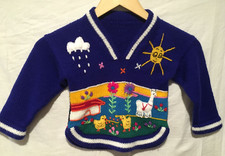 Llama Alpaca Childs Sweater Chicks flowers Sun Embroidered Sz 4 Unique Colorful