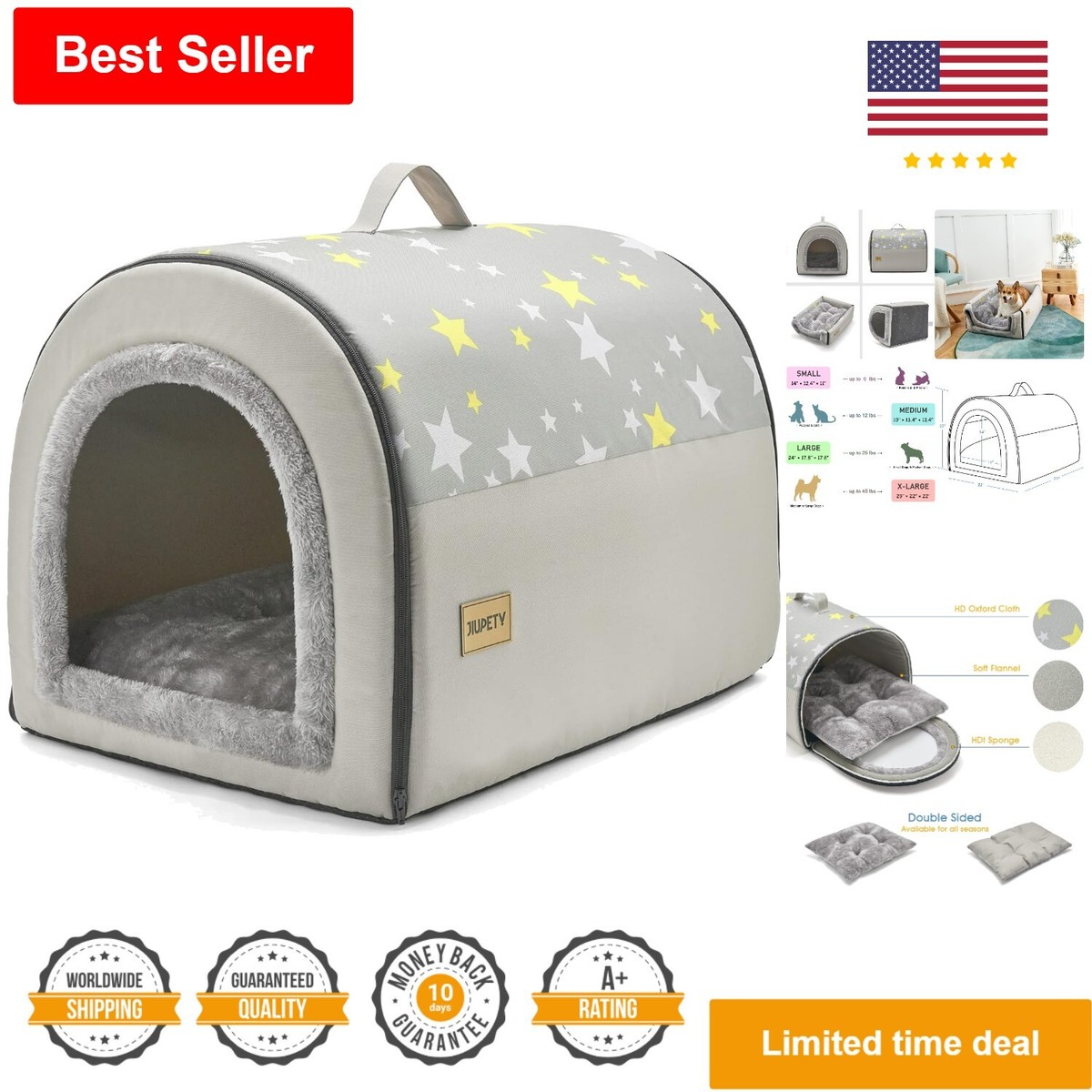 2-in-1 Portable Dog House XL Size for Medium Dogs Grey