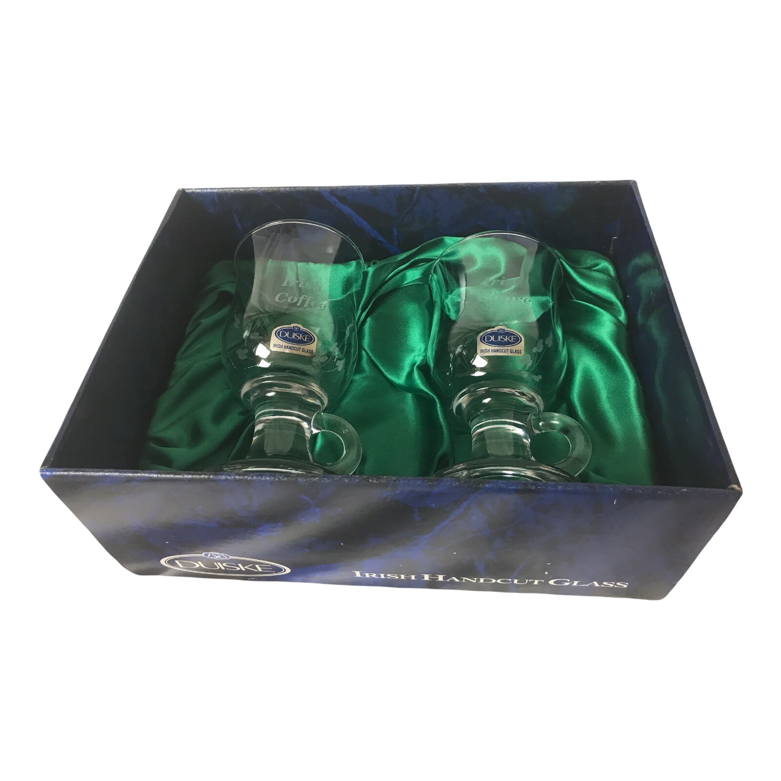 2 Irish Coffee Glasses DUISKE Hand Cut Glass Handles Shamrock Footed
