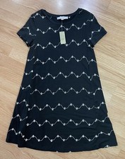 NWT Loft Black With White Embroidered Floral Detail Swing Dress Short Size XXSP