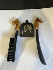 Vintage Brush  Shoe Horn Set Horse Head Handles Black Plastic Wall Plaque w/Box
