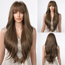 Dress Up Wig With Bangs Long Wavy Heat Resistant Synthetic Hair Medium brown