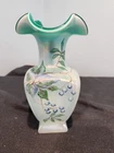FENTON SIGNED GREEN INLAYED SQUARE VASE w BERRIES