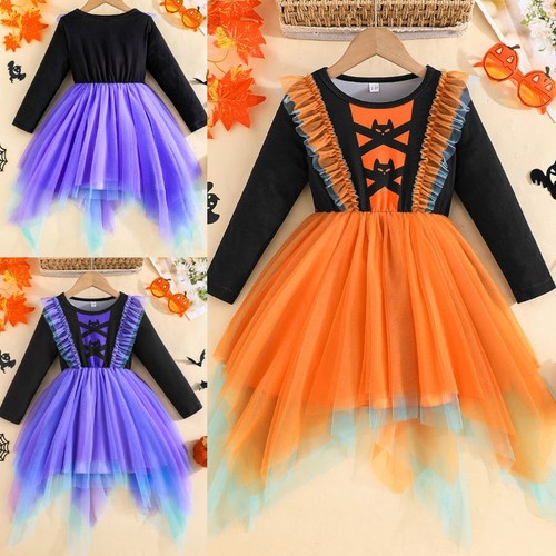 Kids Girls Dress Carnival Skirt Bat Gown Theme Long Sleeve Cosplay Festival - Picture 4 of 24