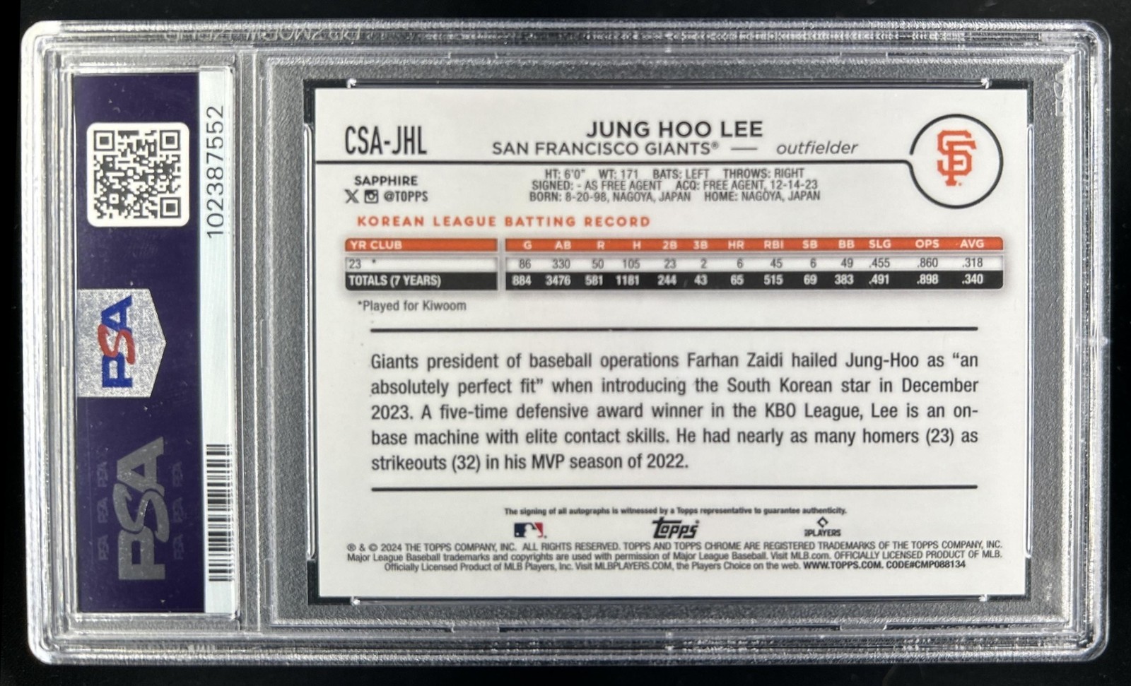 2024 Topps Chrome Sapphire Jung Hoo Lee Auto RC Gold Refractor #/50 Giants PSA 9 view 2