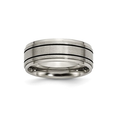Mens 8mm Titanium Black Enameled Flat Edge Satin and Polished Wedding Band Ring
