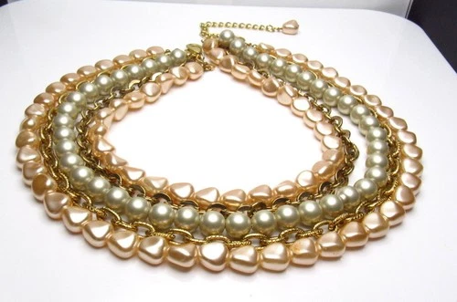 Vintage Gold Tone Pearl Necklace 5 Strand Multi Strand Costume Jewelry