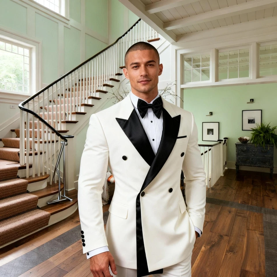 Men's Fashional White Wedding  Business Suit Double Breasted Formal Blazers Slim - Image 3 of 4