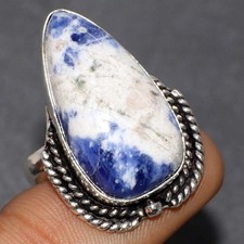 925 Silver Plated Sodalite Ring Handmade Gemstone Jewelry Size US 8 GW
