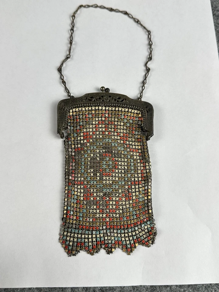Antique Art Deco Whiting&Davis Metal Mesh Painted Kiss Lock Flapper Girl Purse - Image 2 of 4