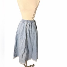 Vintage 90s fringe denim chambray high waisted Light Blue Denim midi Skirt