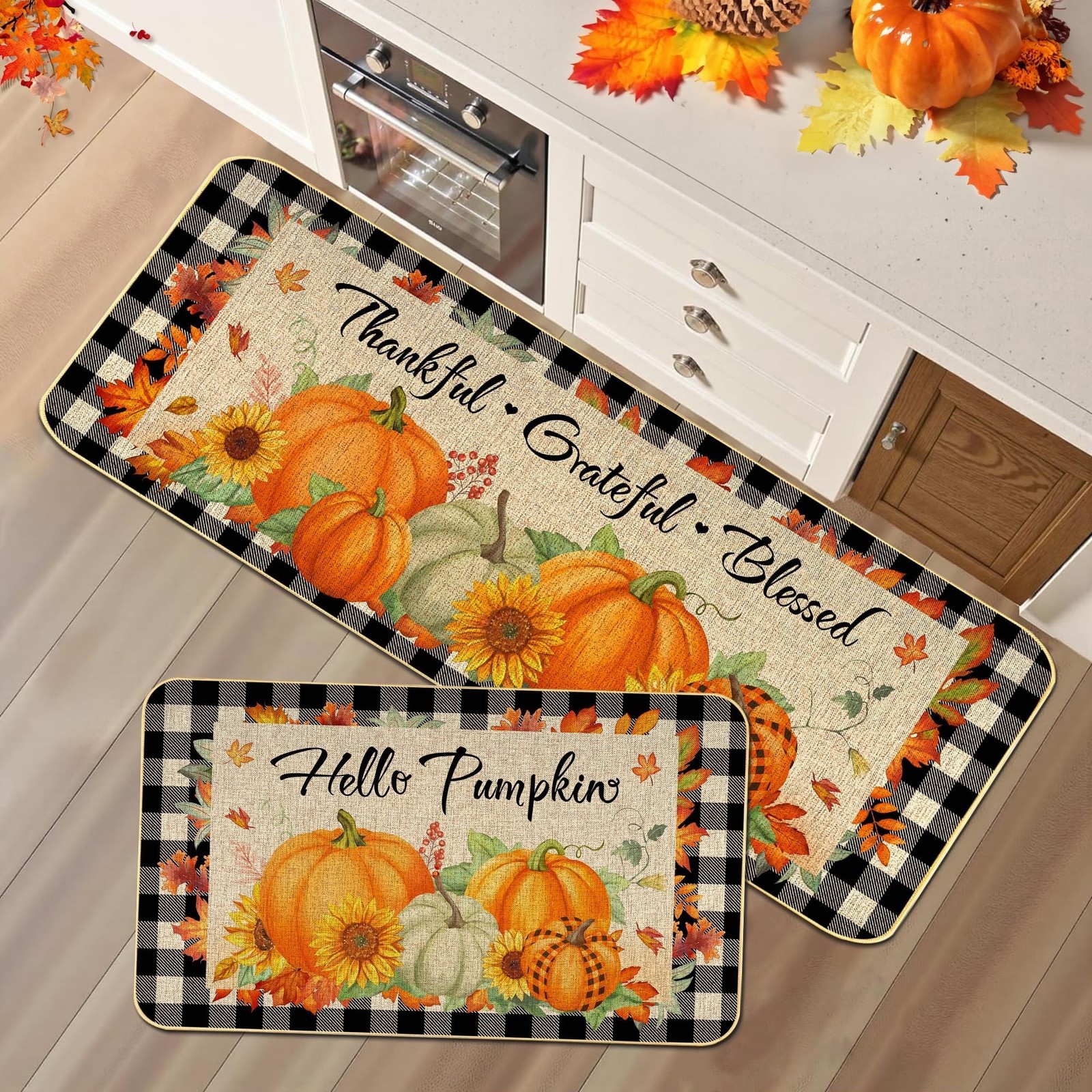 2 Pieces Hello Pumpkin Kitchen Mat Autumn Kitchen Rugs Thanksgiving Decorativ...