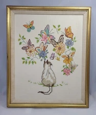 Vintage Cat Needlepoint Garden Floral Butterflies Framed Wall Art  18" X 15"