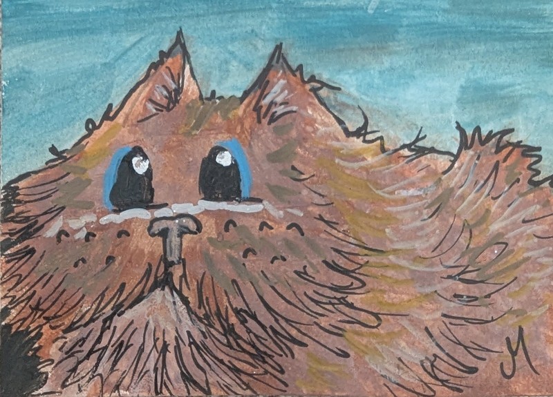 ACEO Cat Painting Original Fluffy Kitten Play Landscape Folk Art By Josh Merritt