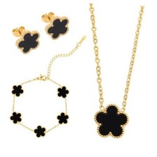 Hypoallergenic Women's Four Leaf Clover Jewelry Set 14K Gold black Clover Set