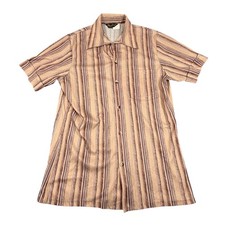 Mr Jan Button Up Shirt Mens Medium Tan Striped Vintage 70s Short Sleeve Disco