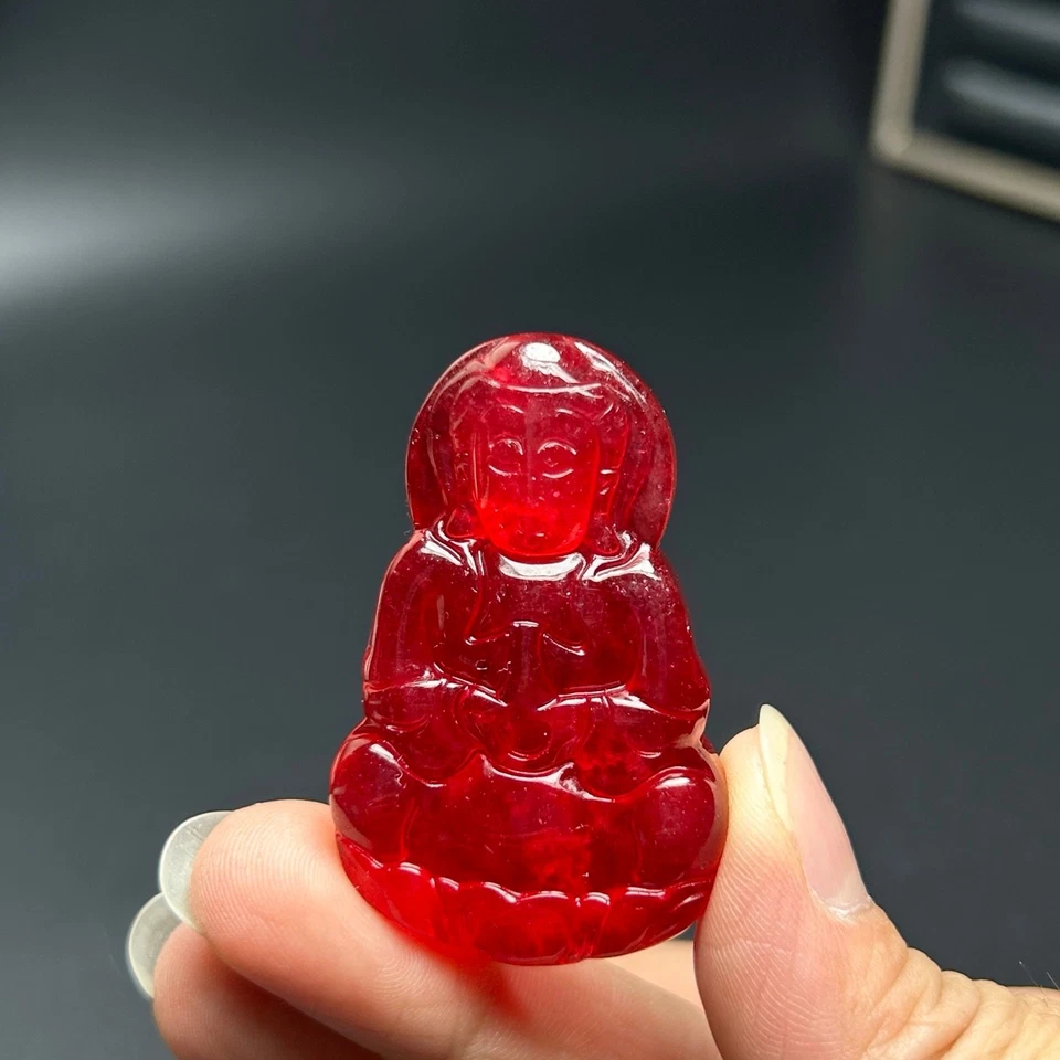 Colgante y collares de guanyin tallado jadeíta rojo hielo real natural alto Foto 3 de 4
