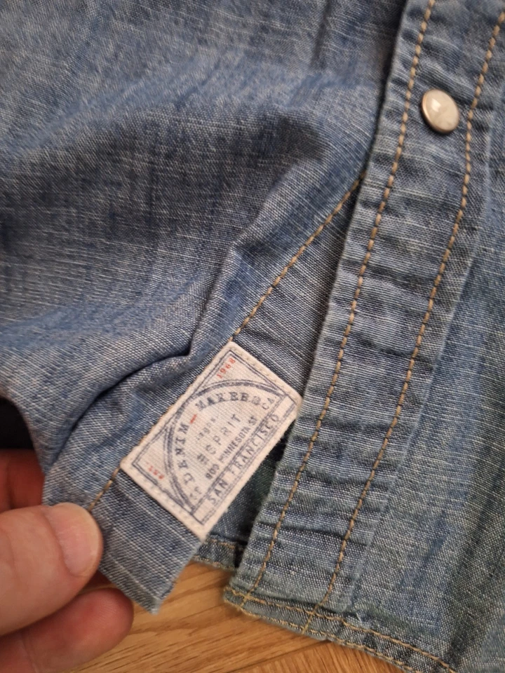 Mens Esprit Blue Denim Short Sleeve Shirt Size Large Pearl Snap Buttons - Image 4 of 4