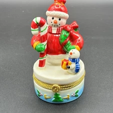 Cute Snowman Ceramic Trinket Pill Box Holiday Christmas Collectible