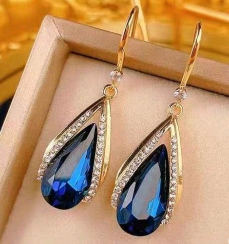 Blue Teardrop Crystal Gold Tone Earrings - Picture 4 of 6