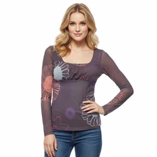 VTG 00s Y2K Sweet Pea Sheer Mesh Floral Scoop Neck Long Sleeve Top Sz Large