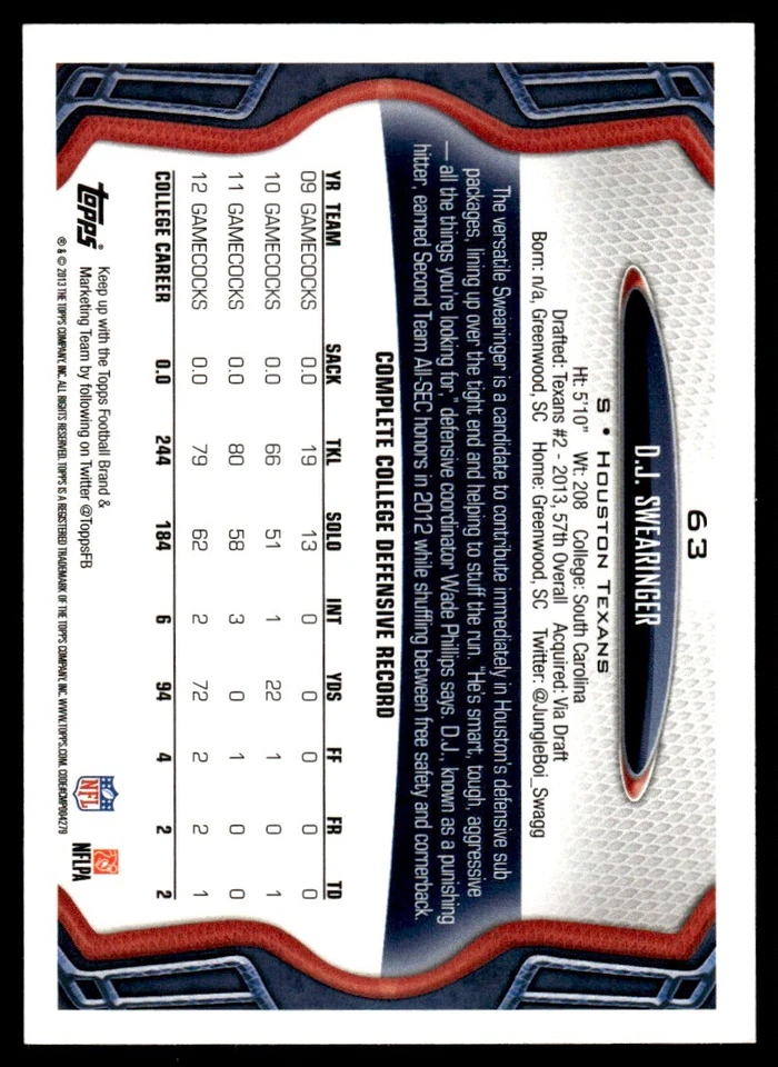 2013 Topps D.J. Swearinger Rookie Houston Texans #63 - Image 2 of 2