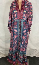 Farm Rio Womens Dress Teal/Pink Size S Seashell Tapestry V-Neck Floral Maxi