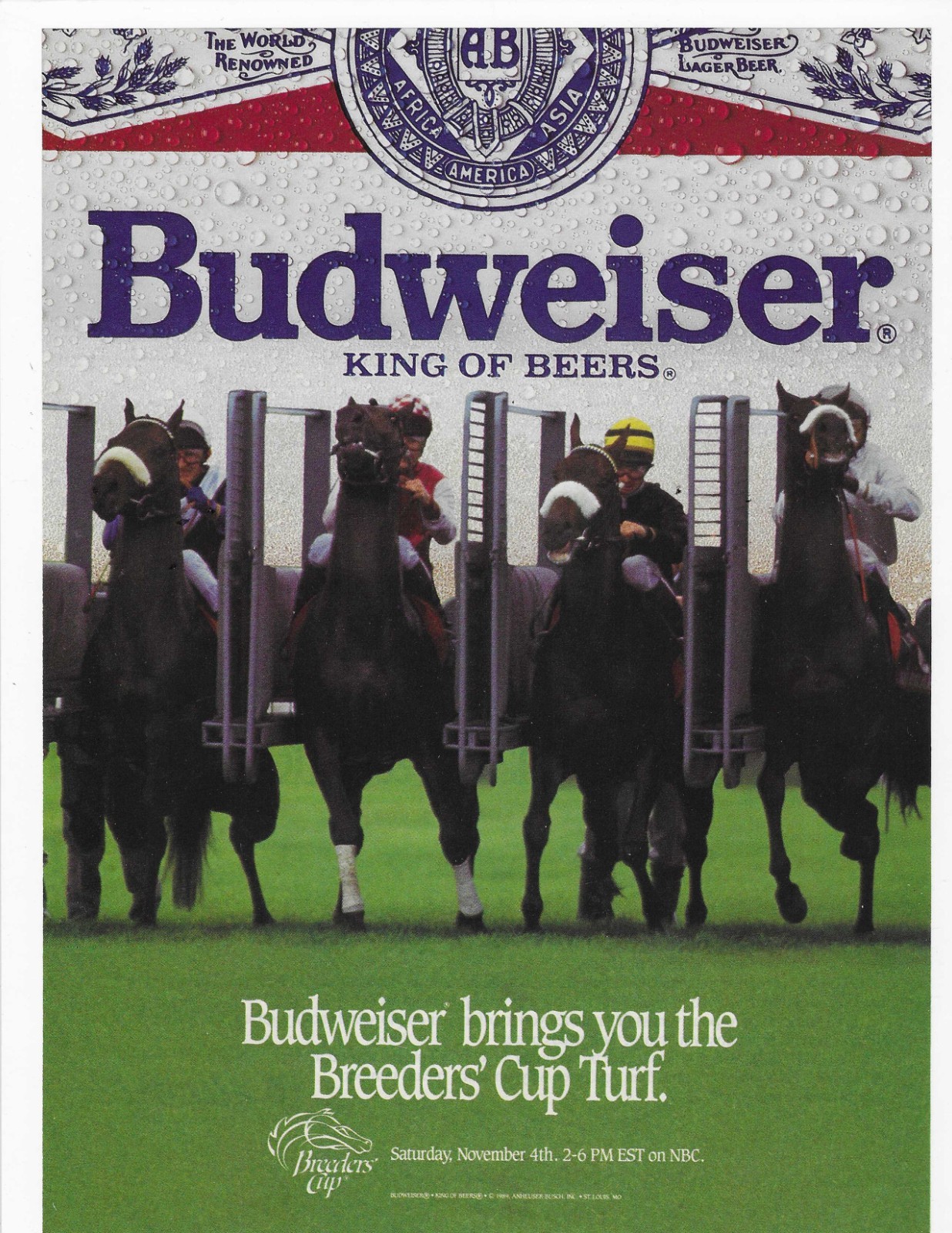 Horse Racing Breeders Cup Turf   Budweiser   Original Print Ad
